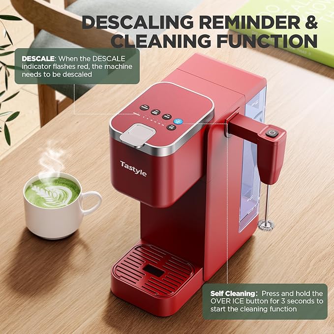 Single Serve Coffee Maker with Built-in Detachable Milk Frother Iced and Hot Coffee Machine for K Cup &amp Grounds 40oz Removable Water Reservoir 6 Cup Sizes Fits 7.3 Travel Mug Red