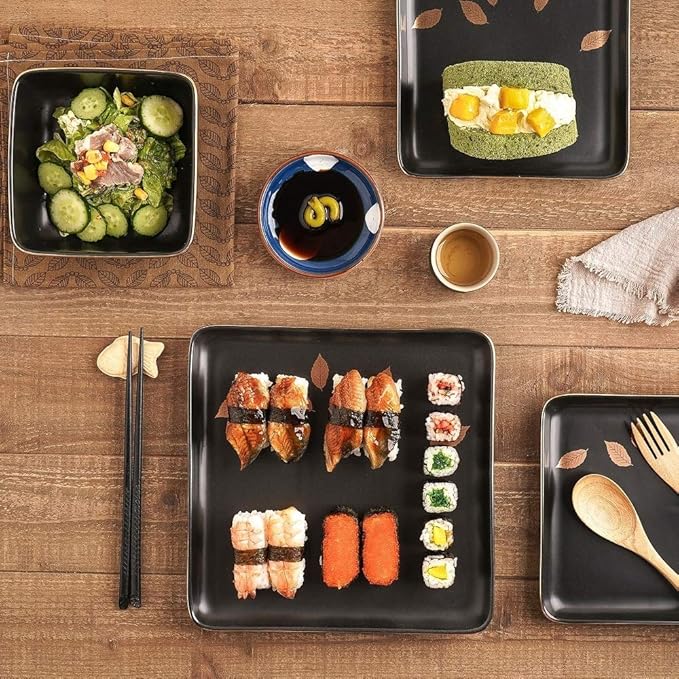 16 Piece Modern Trendy Art Porcelain Square Dinnerware Sets Embellished Gold Leaves Design Microwave &amp Dishwasher Safe Black Dinnerware Sets for 4 Large Dinner &amp Salad Plates Deep Bowls and