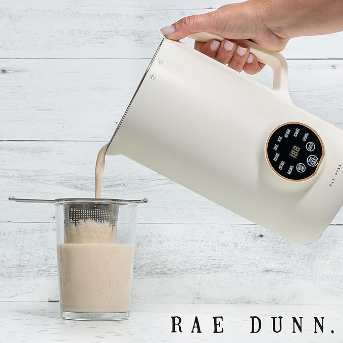 Rae Dunn 8-in-1 Nut &amp Plant Milk Maker – Almond Oat Soy &amp More – 800ml Cold / 700ml Hot – Automatic Delay Start Self-Clean – Includes Stirrer Measuring Cup &amp Brush Cream