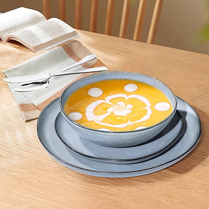 Herogo Stoneware Dinnerware Sets for 6 24 Piece Ceramic Dinner Dishes Set Irregular Handmade Plates and Bowls Dishware Crack and Scratch Resistant Reactive Glaze Smoky Blue