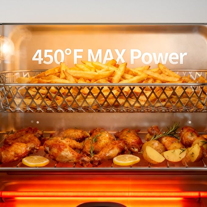 18QT Air Fryer Toaster Oven Combo12-in-1 Large Convection Airfryer Oven with 70–450℉ Temperature Control &amp 60-Minute TimerRoast &amp Broil Fits 8-10″ PizzaStainless Steel (Black)