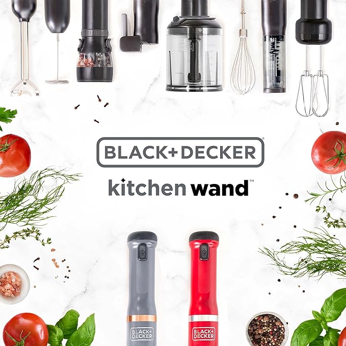 BLACK+DECKER Kitchen Wand Cordless Immersion Blender 3 in 1 Multi Tool Set Hand Blender with Charging Dock Whisk and Chopper Red (BCKM1013K06)