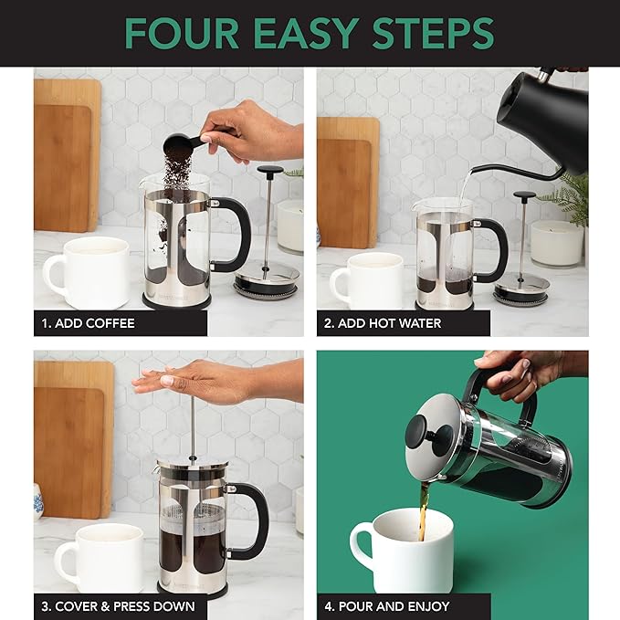 Farberware French Press Coffee Maker Tea &amp Espresso Maker Stainless Steel Cold Brew Press Heat-Resistant Borosilicate Glass BPA-Free Measuring Spoon Included 8 Cup Capacity (Stainless)