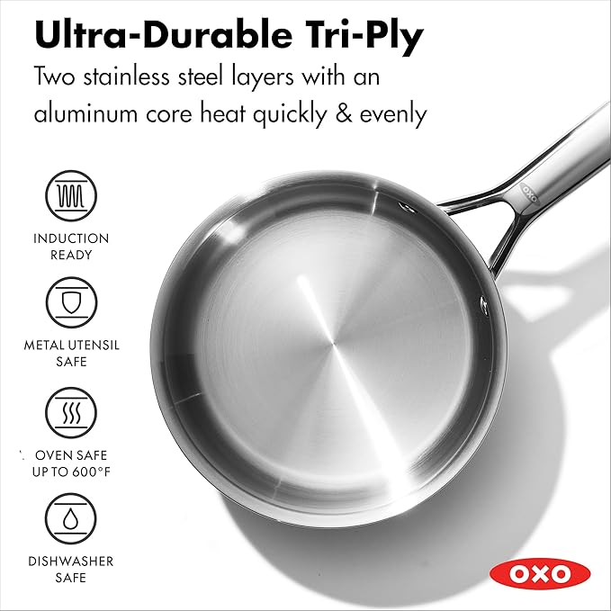 OXO 13 Piece Stainless Steel Cookware Set Tri-Ply Multiclad Pots &amp Pans PFAS-Free Ceramic Nonstick Coated Frying Pans Induction Compatible Dishwasher &amp Oven Safe Sauce Stock Saute Silv