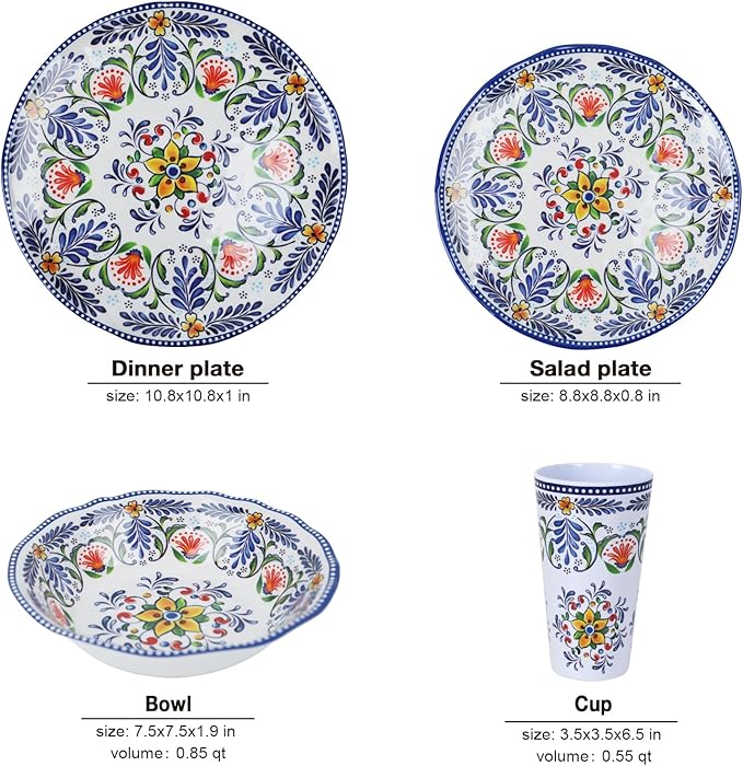 Melamine Dinnerware Set for 4-16 Pcs:Camping Dishes Set with Dinner PlatesSalad PlatesCups and Bowls.Lightweight and UnbreakableIndoor and Outdoor Use flower28