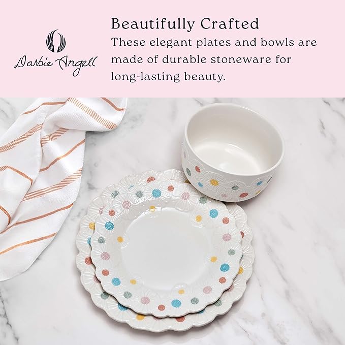 Darbie Angell Painted Daisy 12 Piece Plate and Bowl Dinnerware Set Durable Service for 4 Floral Design Modern Tableware