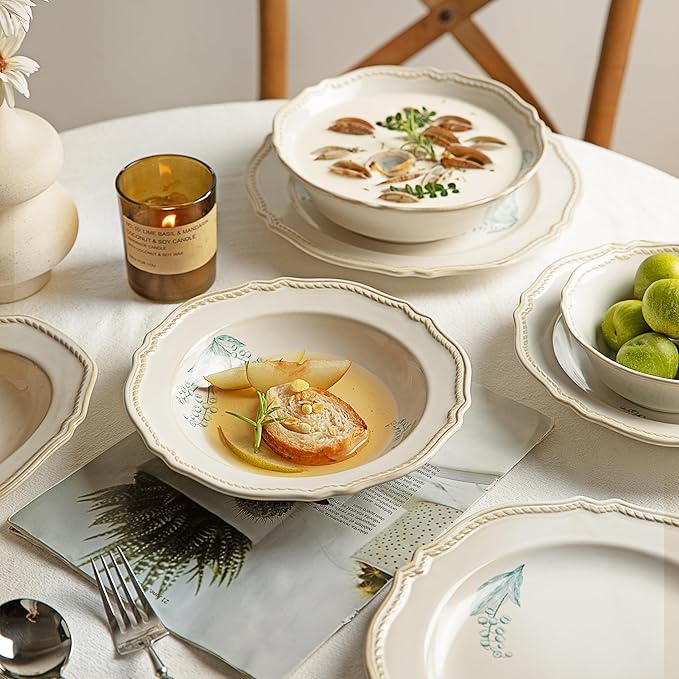 8-Piece Dinnerware Set - Lily Bloom Series Service for 4 Includes 6'' Bowls &amp 10'' Plates Retro Vintage Floral Style Microwave &amp Dishwasher Safe