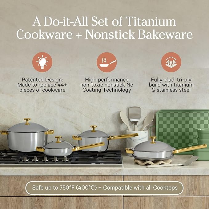 Our Place Titanium Pro Cookware &amp Bakeware Set | 15-Piece Non-toxic Nonstick Kitchenware with Titanium Always Pan Pro Perfect Pot Pro Minis &amp Ceramic Bakeware with Stovetop Griddle | Sage
