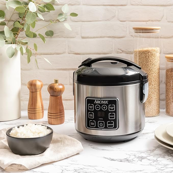 AROMA® 8-Cup (Cooked) / 2 Qt. Digital Rice &amp Grain Multicooker Durable Nonstick Inner Pot Oatmeal Steam White &amp Brown Rice Keep Warm