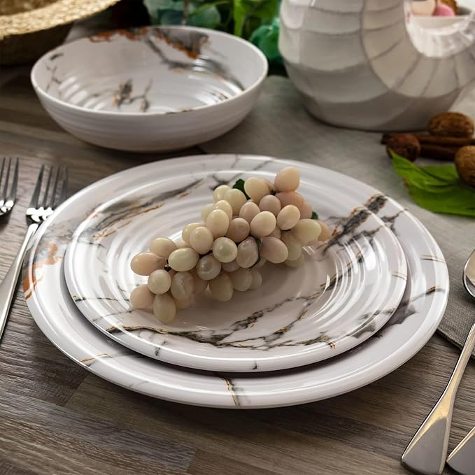12-Piece Lightweight Melamine Dinnerware Sets White Marble Pattern Shatterproof &amp Dishwasher Safe Ideal for Outdoor Parties Family Dinners &amp Daily Use