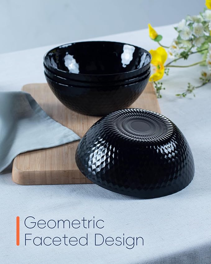 Dinnerware Sets for 4 Light &amp Durable 12 Pieces Opal Glass Plates and Bowls Set Dishwasher and Microwave Safe Dish Dinning Ware Thin but Strong Geometric Faceted Black