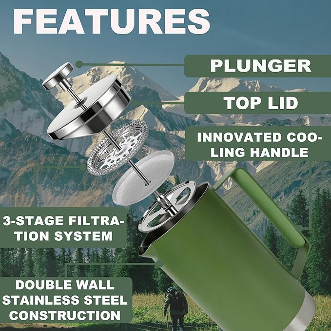 Stainless Steel French Press Coffee Maker 21OZ 600ml Coffee Press Tea Press for Personal Office TravelCamping (Green 1-3 Cups)