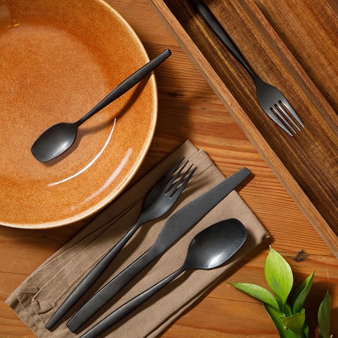 Bloomhouse - Two Time Oprah's Favorite Things Winner - 20 Piece Stone Washed Black Flatware 18/10 Stainless Steel Silverware Cutlery Utensil Set With Acacia Wood Caddy - Service for 4