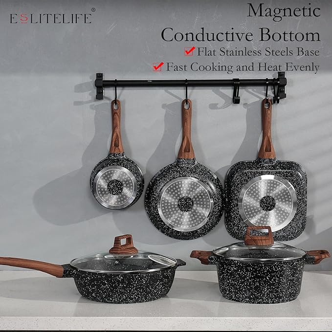 ESLITE LIFE Nonstick Cookware Sets 9 Pcs Granite Coating Pots and Pans Set Kitchen Cooking Set Compatible with All Stovetops (Gas Electric &amp Induction) PFOA Free Black