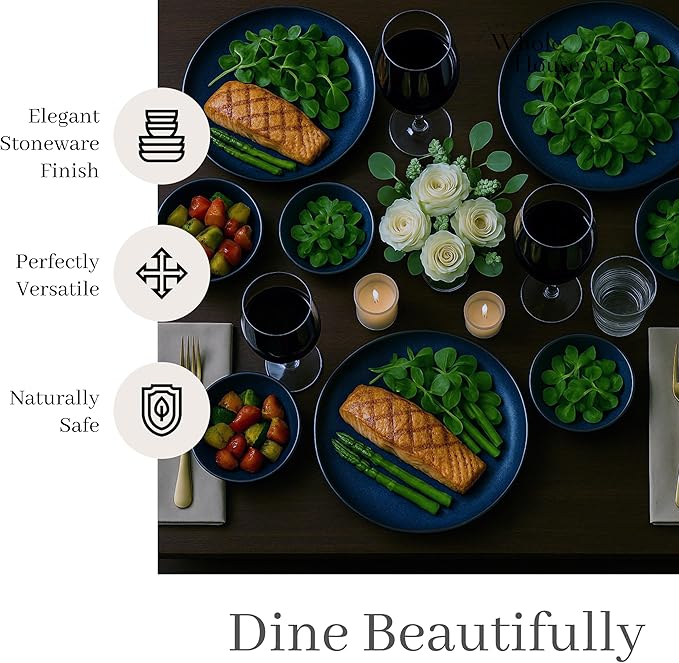 Whole Housewares Ceramic Plates and Bowls Set - Dinnerware Set - Microwave and Dishwasher Safe - 16 Piece Dinner Set - Perfect for Parties Birthdays or Weddings - Blue