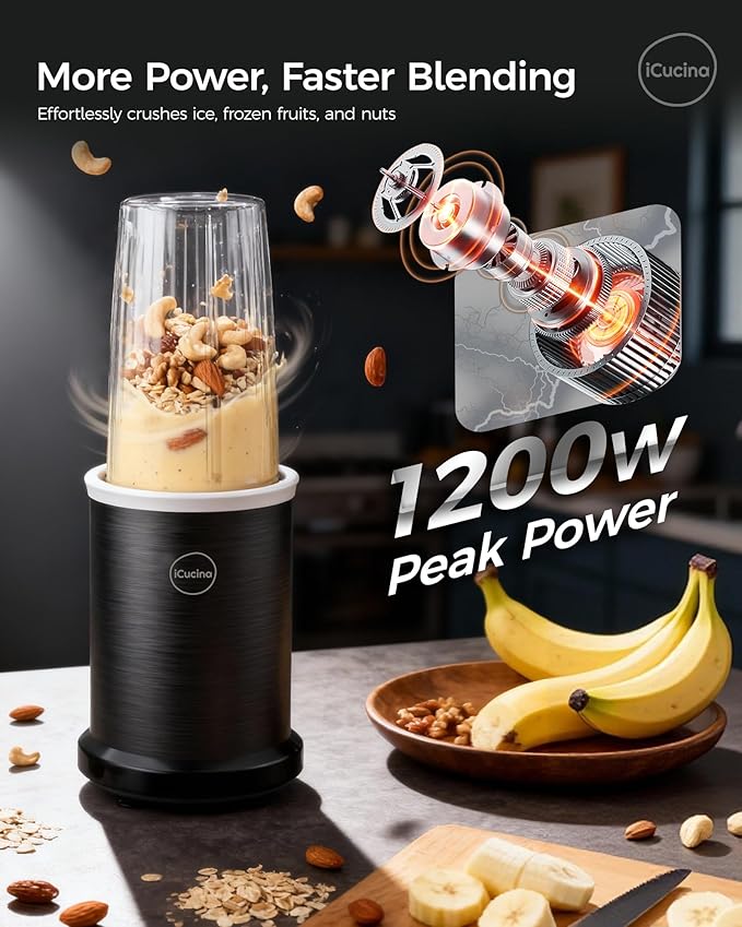 iCucina Smoothie Blender 1000W Personal Blender for Shakes and Smoothies with 2 x 37oz Protable Cups and Lids Single Serve Blenders for Ice Crushing Bean Grinding Frozen Fruit Drinks Black