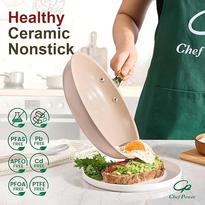 Chef Power Ceramic Cookware Sets 15Pcs Pots and Pans Set Non Stick Cookware Set with Stainless Steel Handle Dishwasher &amp Oven Safe Taupe and Light Gold Handle