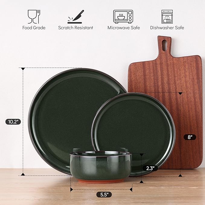 E-far Stoneware Dinnerware Sets for 4 12 Pieces Reactive Glaze Plates and Bowls Sets Elegant Dishes with Rustic Terracotta Base Dishwasher &amp Microwave Safe Scratch Resistant Blackish Green