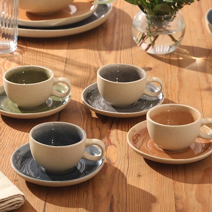 Gibson Elite Manila Bay 8-Piece Stoneware 5 oz Cup and Saucer Set Reactive Glaze Espresso &amp Coffee Cups with Saucers Assorted Colors