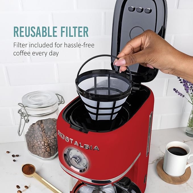Nostalgia Classic Retro 10 Cup Coffee Maker - One-Touch Drip Brew Reusable Filter - Anti-Drip Auto Shutoff &amp Time Display - Dishwasher Safe 50 oz Carafe - Red