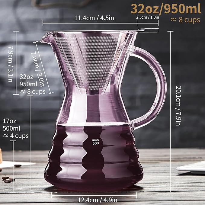 Unbreakable - Pour Over Coffee Maker with Permanent Stainless Filter 27 fl oz Thickened Heat-Resistant Borosilicate Glass Dripper Coffee Brewer Stovetop Safe Pink