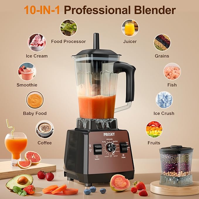 Blenders for Kitchen Smoothie Blender 2400W/1000W Prasky Blender &amp Grinder Combo 25000 RPM High Speed 68oz BPA-Free Food Processor Countertop Blender for Smoothies Shakes &amp Food (Brown