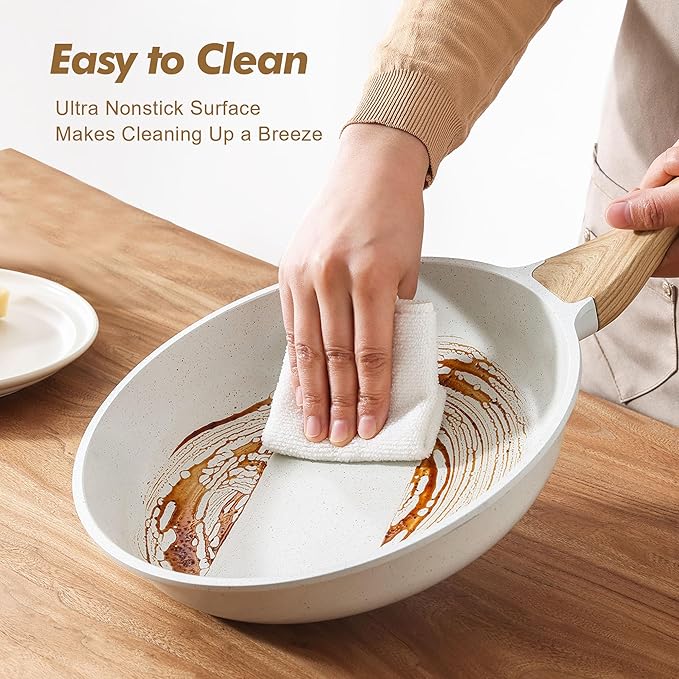 SENSARTE Nonstick Frying Pan Skillets White Ceramic Coating Omelette Pans Healthy Cookware Chef's Pan PTFE &amp PFAS Free (9.5+11 Inch)