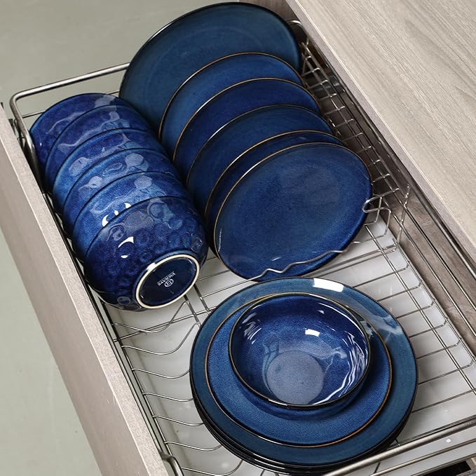 Vicrays 12-Piece Ceramic Dinnerware Set Dinner Plates Salad Plates &amp Cereal Bowls Dish Set for 4 Microwave Oven &amp Dishwasher Safe Scratch Resistant Blue