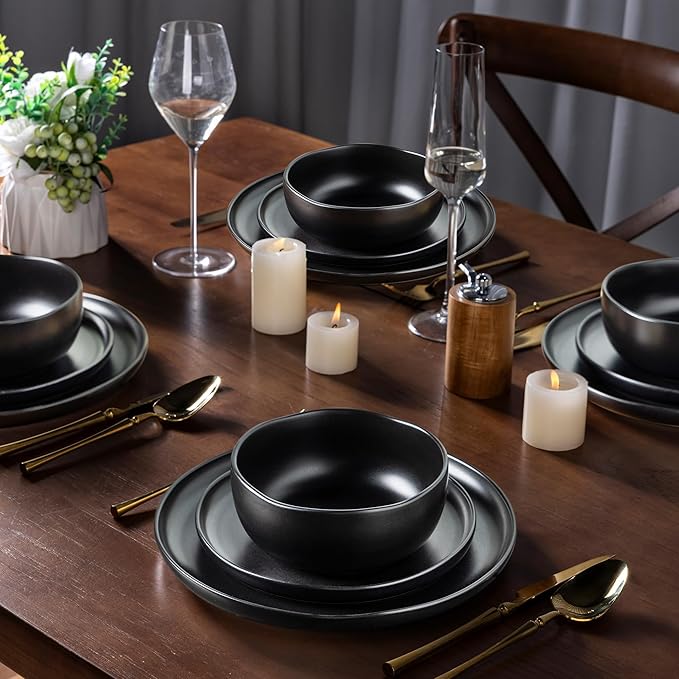 AmorArc Ceramic Dinnerware Sets Wavy Rim Stoneware Plates and Bowls SetsDishwasher &amp Microwave &amp Oven Safe Dishes set Service for 4 (12pc)-Matte Black