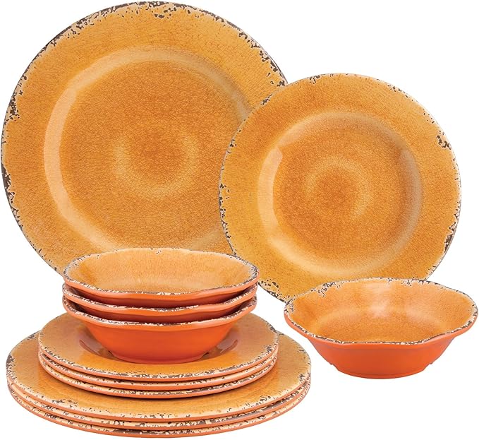 UPware 12 Piece Crackle Melamine Dinnerware Sets Outdoor Dishes Set Plates and Bowls Sets Service for 4 Orange