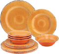 UPware 12 Piece Crackle Melamine Dinnerware Sets Outdoor Dishes Set Plates and Bowls Sets Service for 4 Orange