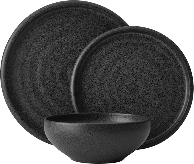 Mikasa Declan 12 Piece Stoneware Dinnerware Set Service for 4 Modern Black Plate and Bowl Dishes with High Rims Black