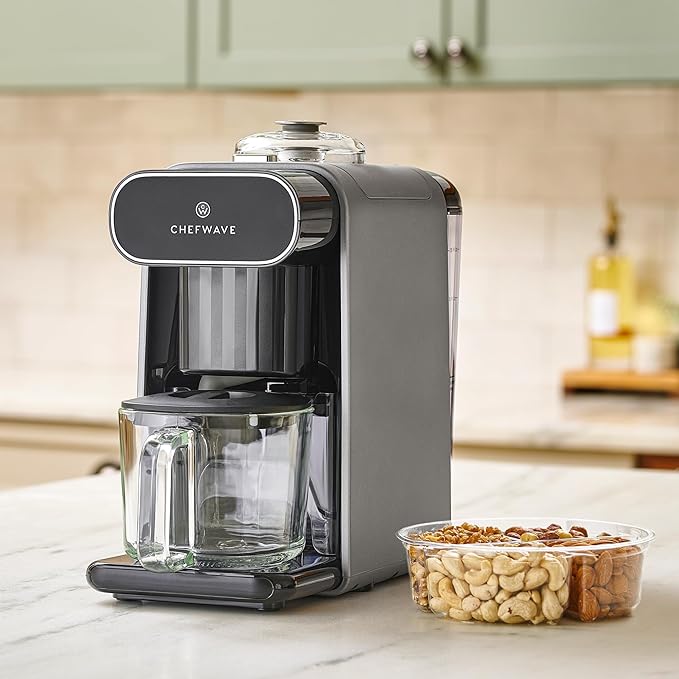 ChefWave Milkmade Soy Milk Maker (Silver/Black) 6-in-1 Vegan Plant-Based Milk Machine with Auto Clean and Delay Start Almond Oat Soy Cashew Coconut Macadamia Milk Maker with Nut Platter
