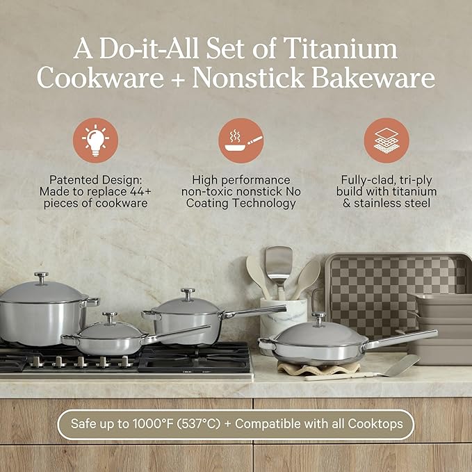 Our Place Titanium Pro Cookware &amp Bakeware Set | 15-Piece Non-toxic Nonstick Kitchenware with Titanium Always Pan Pro Perfect Pot Pro Minis &amp Ceramic Bakeware with Stovetop Griddle | Char