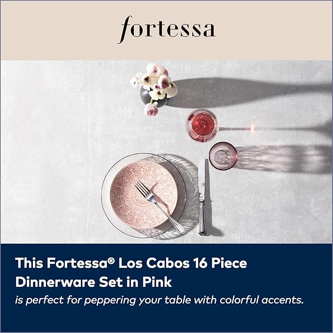FORTESSA Los Cabos Tableware 16-Piece Glass Dinnerware Set with 4 Dinner Plates 4 Salad Plates 4 Coupe Bowls and 4 Cereal Bowls Dishwasher-Safe Glass Plate Set Pink