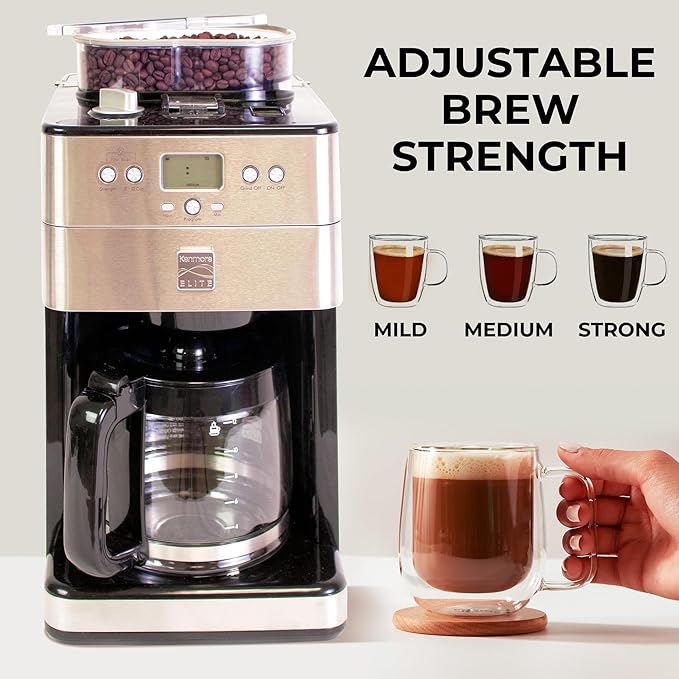 Kenmore Elite Grind and Brew Coffee Maker with Built‑In Burr Grinder Automatic Drip Machine 12‑Cup Programmable Brewer Bean‑to‑Cup Cafetera Stainless Steel Coffee Maker for Home &amp Office