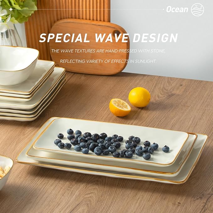 Famiware Glacier Plates and Bowls Sets + 3 Pcs Ocean Rectangular Serving Platter 15-Piece Dinnerware Sets for 4