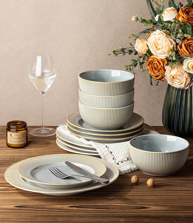 TheTerra Stoneware Dinnerware Sets for 4 12 Pieces Ceramic Plates and Bowls Sets Scratch Resistant Embossed Dish Set Oven Microwave &amp Dishwasher Safe Desert Sage