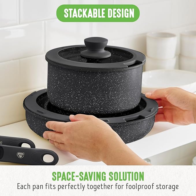 GreenLife 10 Piece Nonstick Pots &amp Pans Set Detachable Handle &amp Stackable Cookware Set Non Toxic PFAS-Free Skillets Induction Kitchen Pans Space Saving Serving Bowls Oven Safe Granite B