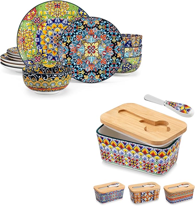 vancasso SIMI 12 Pieces Plates and Bowls Set and 6.5 Large Butter Dish for Countertop Microware and Oven Safe Tableware