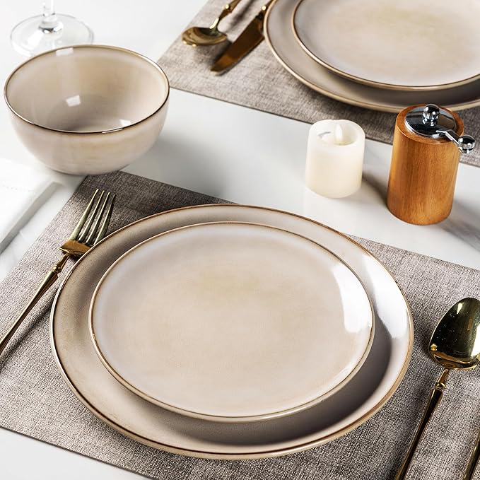 GBHOME Ceramic Dinnerware Sets for 6 18 Pieces Stoneware Plates and Bowls Sets Reactive Glaze Dishes -Scratch Resistant Dishwasher&ampMicrowave Safe-Cappuccino
