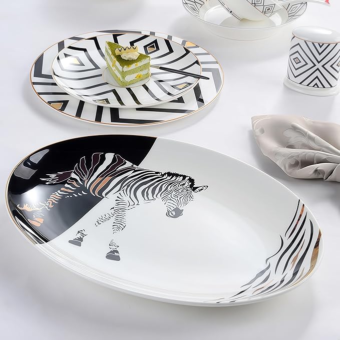 Fine Bone China Dinnerware SetPorcelain&ampCeramic Dinnerware SetsBone Stoneware &amp Ceramic Cookware Tableware Set Includes Dinner Plates|Spoons|Pasta Bowls|Soup Pot|Chopsticks (29PCS * 6-Person