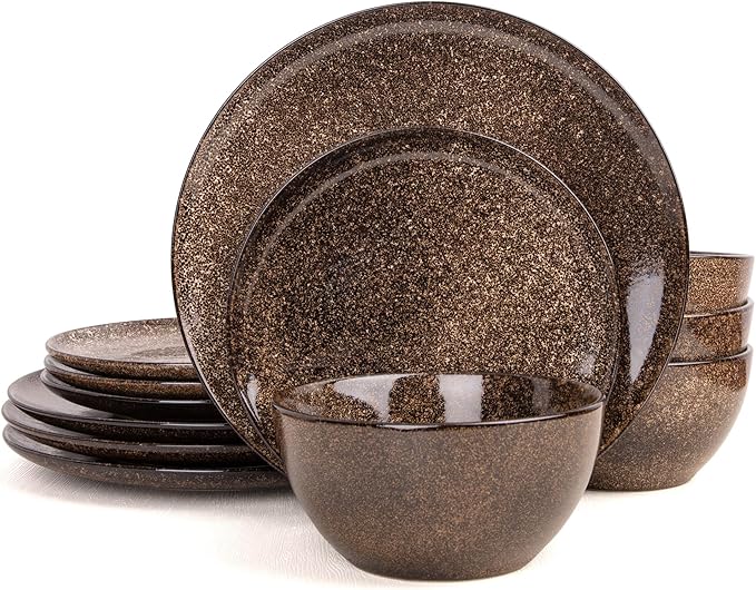 Plates and Bowls Sets 12 Pieces Dark Blue Dinnerware Sets for Kitchen Reactive Glaze Dishes Set for 4 Dishwasher and Microwave Safe Series Starflecked Shore(Brown)