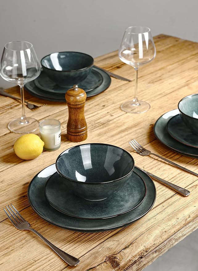 Famiware Ocean Round Plates and Bowls Sets for Kitchen 16-Piece Dinnerware Sets for 4 Mug Set for 4 Reactive Glaze Deep Forest