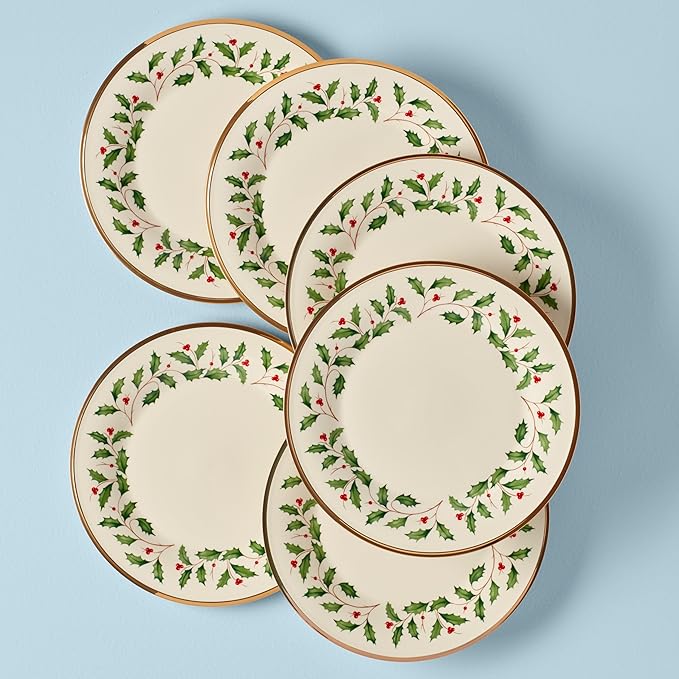 Lenox Holiday 6-Piece Dinner Plates Dinnerware Set Service For 6 Porcelain Dishwasher Safe Round Plates Set Holiday Red &amp Green Perfect for Gatherings Christmas Dinnerware (Ivory 6 Piece)