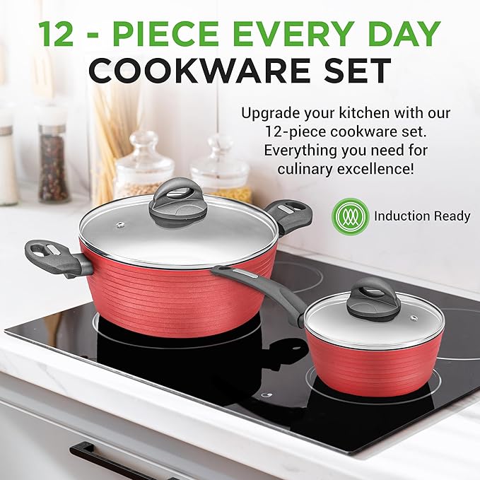 NutriChef 12-Piece Hard Anodized Nonstick Cookware Set - Induction Ready Pots &amp Pans with Elegant Ridge-Line Pattern Heat-Resistant Lacquer Red