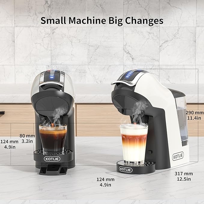 KOTLIE Single Cup Coffee Maker Multi Capsule Machine Compatible With Various Capsule Types 4 Temperature Settings 7 Water Volume Levels19 Bar(Glossy White)