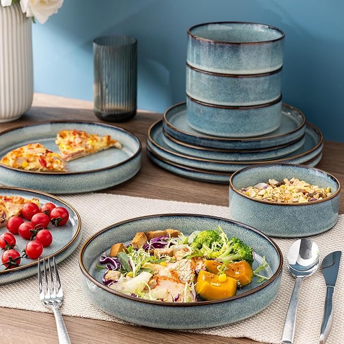 GBHOME Ceramic Dinnerware Sets for 4 12 Pieces Stoneware Plates and Bowls Sets Reactive Glaze Dishes -Scratch Resistant Dishwasher&ampMicrowave Safe