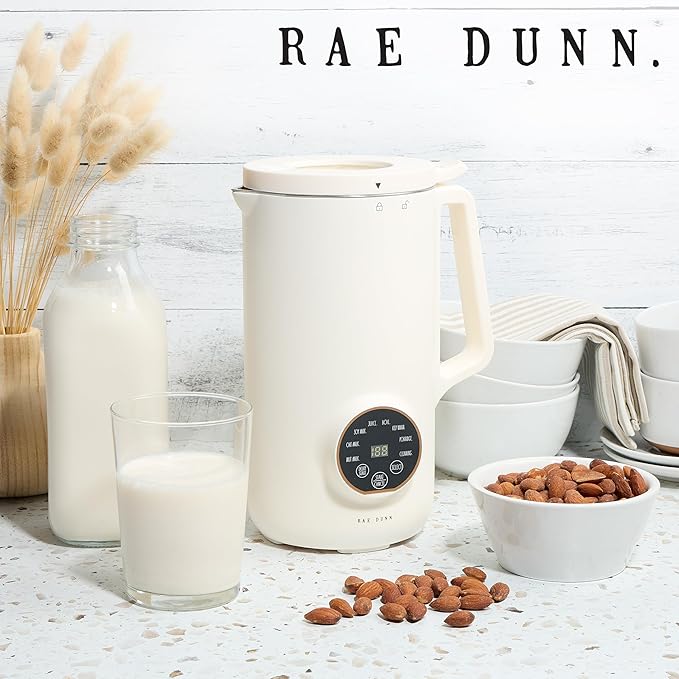 Rae Dunn 8-in-1 Nut &amp Plant Milk Maker – Almond Oat Soy &amp More – 800ml Cold / 700ml Hot – Automatic Delay Start Self-Clean – Includes Stirrer Measuring Cup &amp Brush Cream