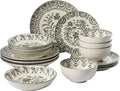 Bloomhouse - 2-Time Oprah’s Favorite Things - Valencia Flor 16 Piece Dinnerware Set Artisanal Decorated Stoneware Plates &amp Bowls Service for 4 Microwave &amp Dishwasher Safe Fern Green